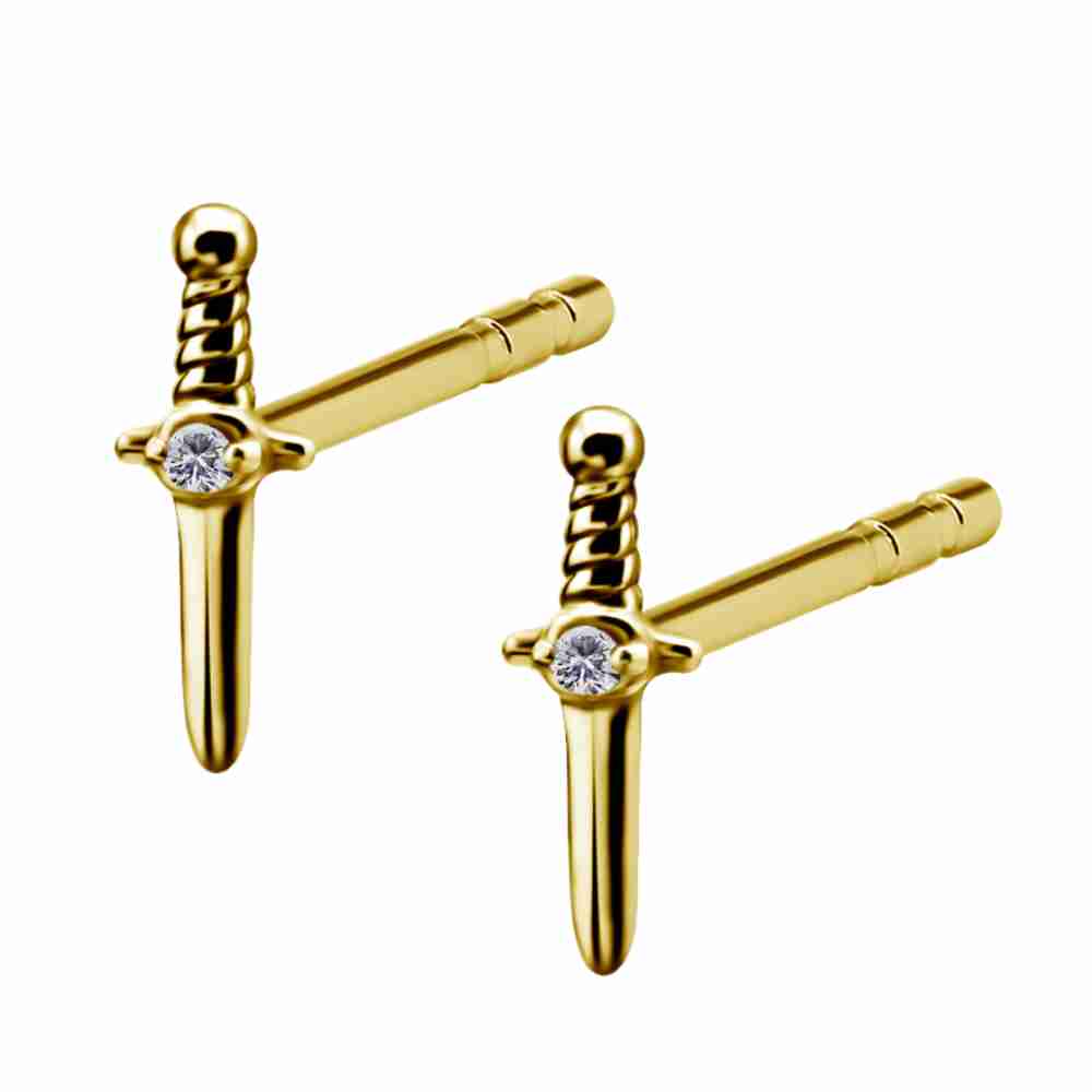Earring - small sword with crystal - surgical steel - 18K gold PVD - 3
