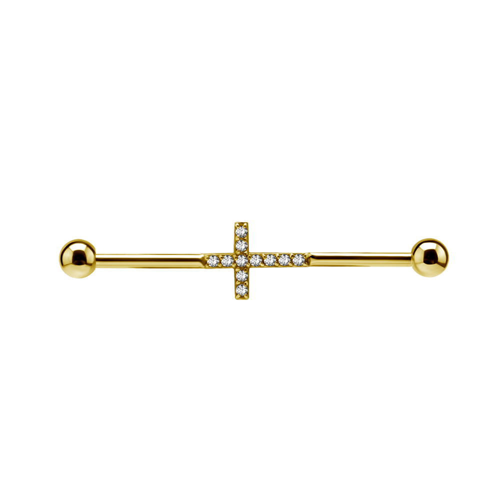 Lång barbell - 1,6 mm - 34 mm - kors med kristaller - guld