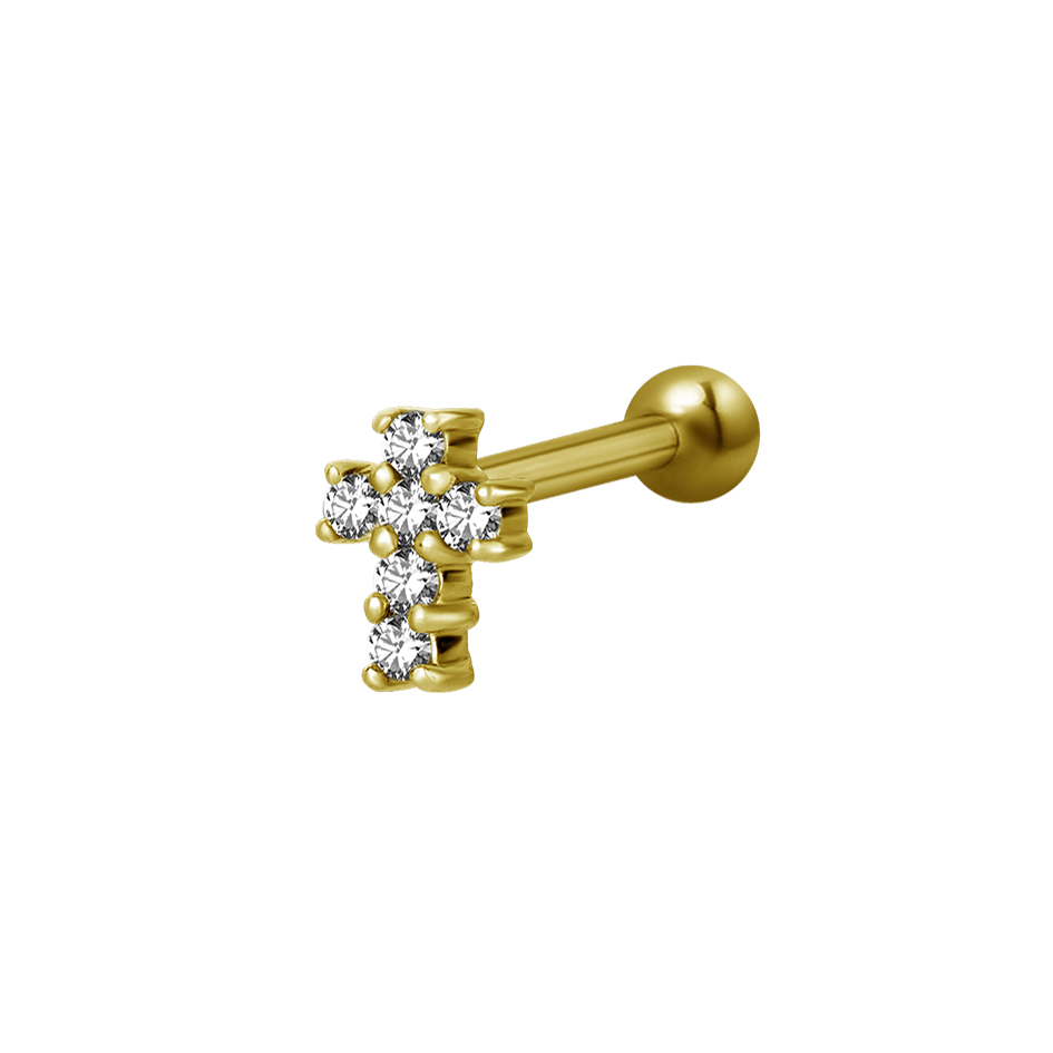 Barbell kors - 1,2 mm - 24K guld PVD - kristaller