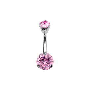 Belly button piercing - double diamond set pink crystals (8 &amp; 5mm) - steel