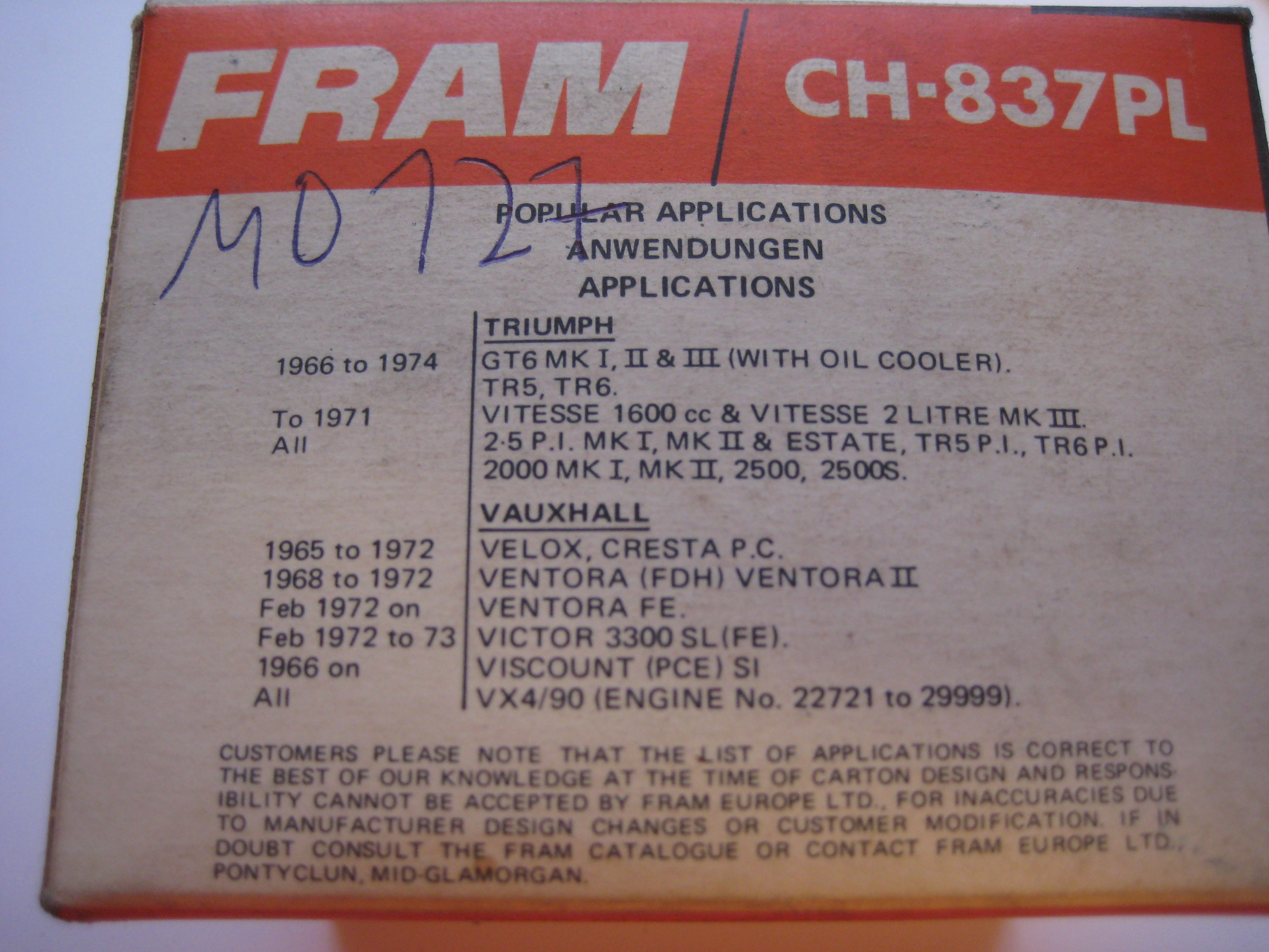 Fram CH837PL (korvaava) Öljynsuodatin Triumph Vauxhall - 3