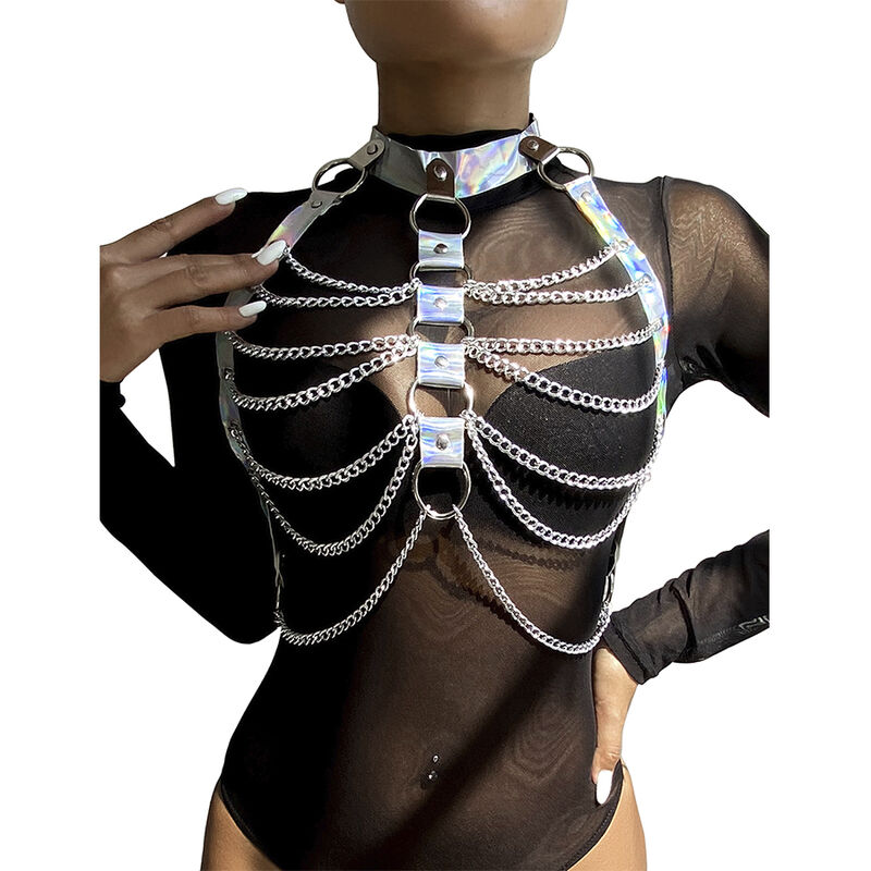 Subblime Fetish 953737 Chest Harness With Rings And Chains Silver