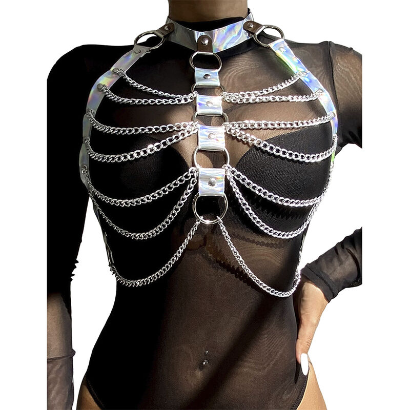 Subblime Fetish 953737 Chest Harness With Rings And Chains Silver - 2