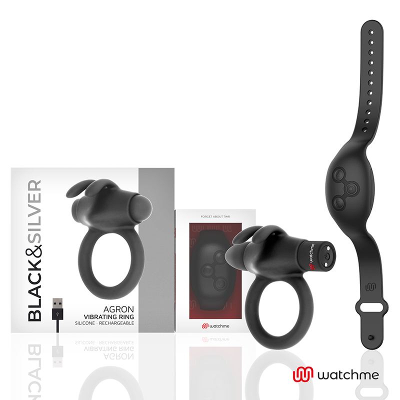 Black Silver Agron Remote Control Cockring Watchme - 2