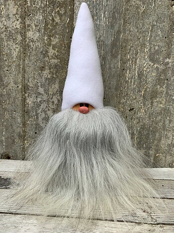 Stor Skäggtomte 30 cm Vit Mössa Islandsfår Grått Skägg