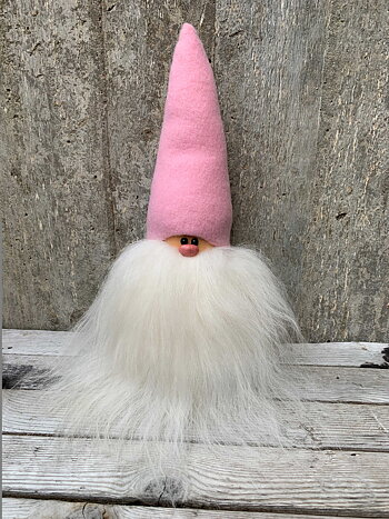 Stor Skäggtomte 30 cm Rosa Mössa Islandsfår Vitt Skägg