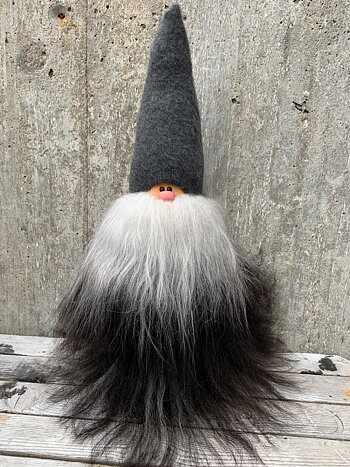 Jätteskäggtomte 45 cm Grå Mössa Islandsfår Mörkgrått Skägg