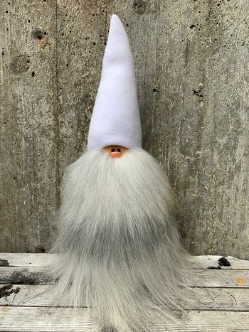 Jätteskäggtomte 45 cm Vit Mössa Islandsfår Grått Skägg