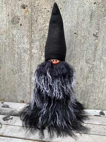 Jätteskäggtomte 45 cm Svart Mössa Tibetanskt Får Rocktomte