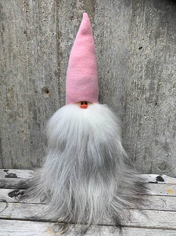 Jätteskäggtomte 45 cm Rosa Mössa Islandsfår Grått Skägg
