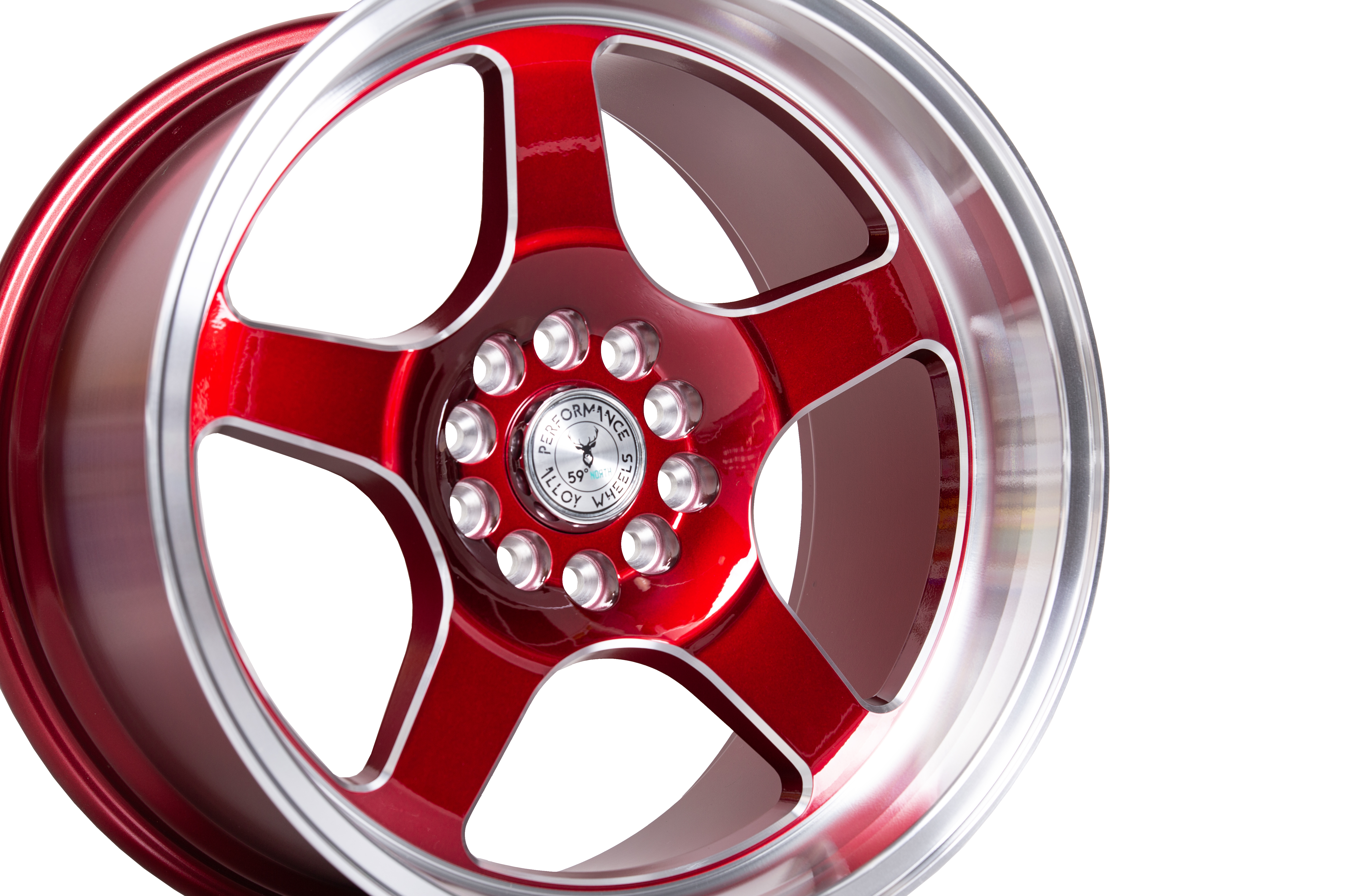 59°North Wheels D-004 10,5x18" ET25 5x114,3/5x120  Candyröd/champer/polerad läpp - 2