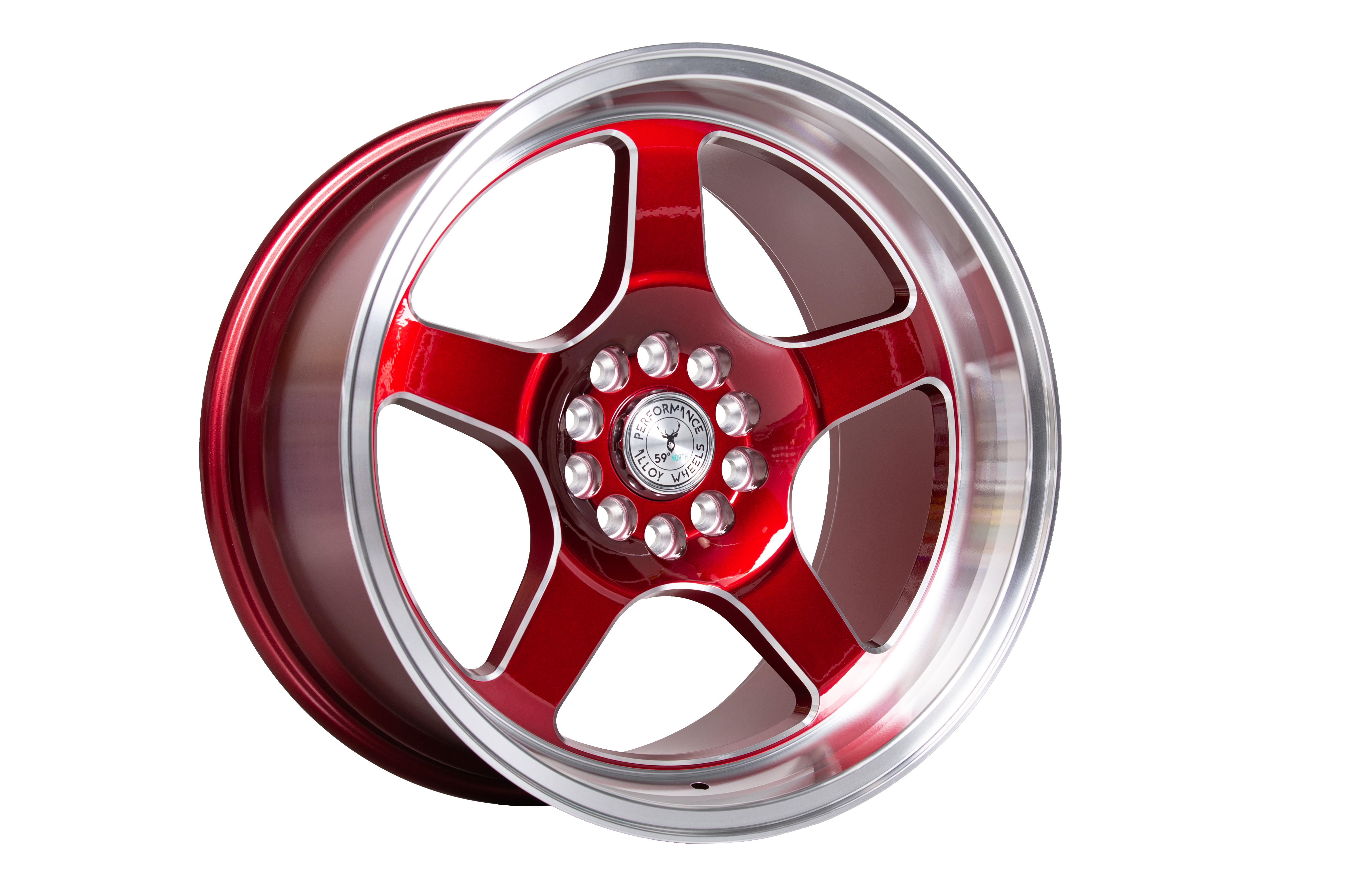 59°North Wheels D-004 10,5x18" ET25 5x114,3/5x120  Candyröd/champer/polerad läpp