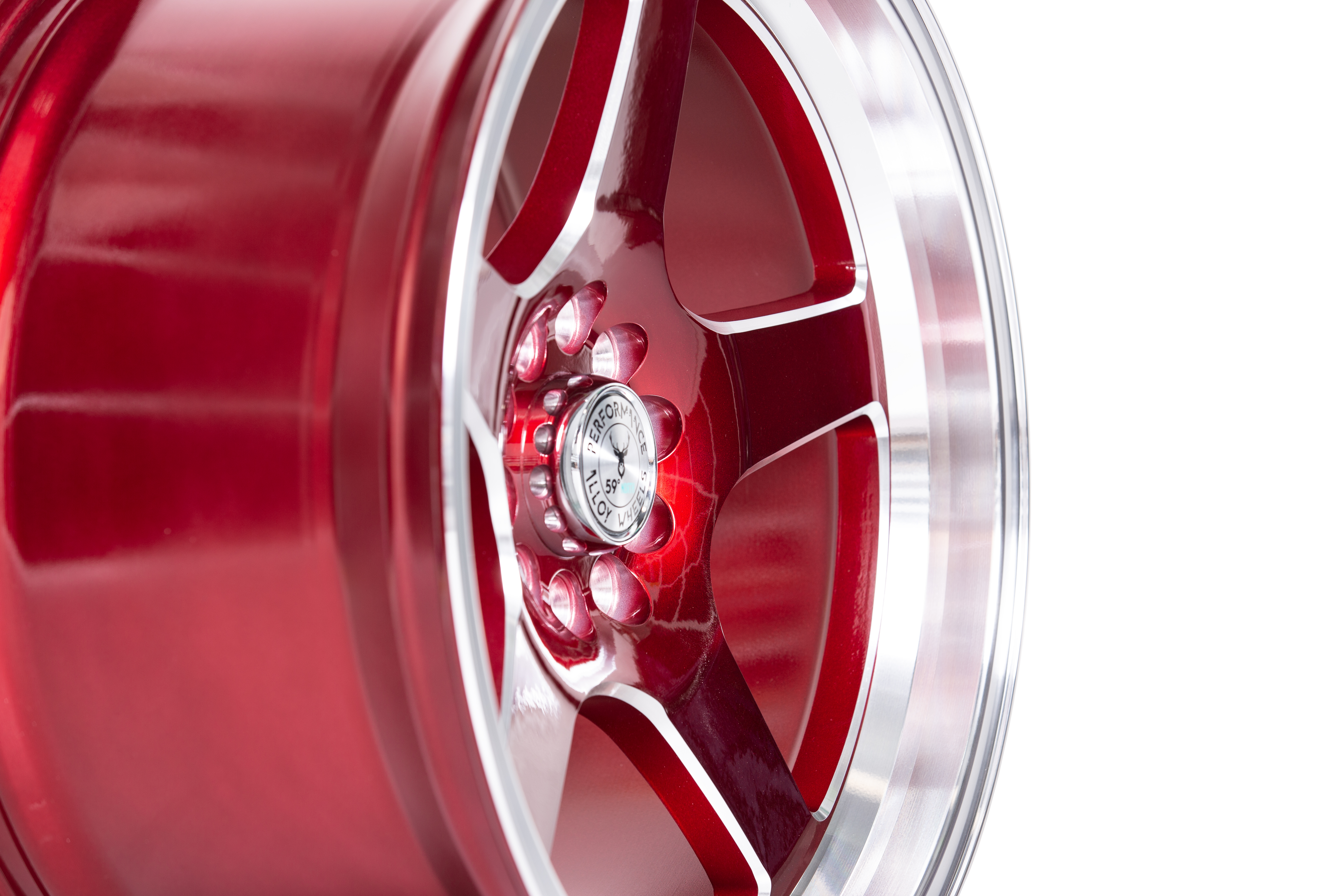 59°North Wheels D-004 9,5x18" ET20 5x114,3/5x120  Candyröd/champer/polerad läpp - 4