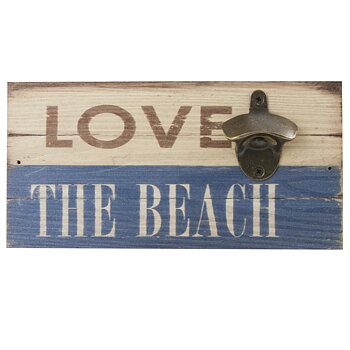 LOVE THE BEACH ..."  Skilt i tre med flaskeåpner  