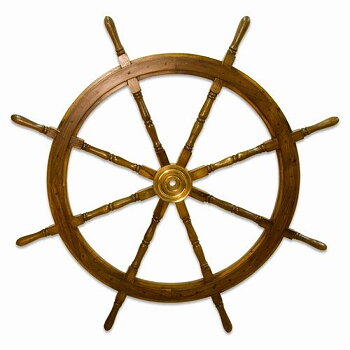 Large wooden steering wheel with brass hub (120 cm)