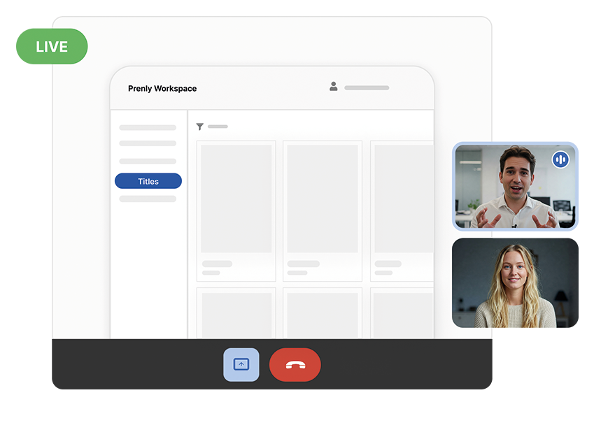 Screenshot from a live video meeting demonstrating Prenly Workspace. Two people are in conversation – symbolizing a personal demo focused on your needs.