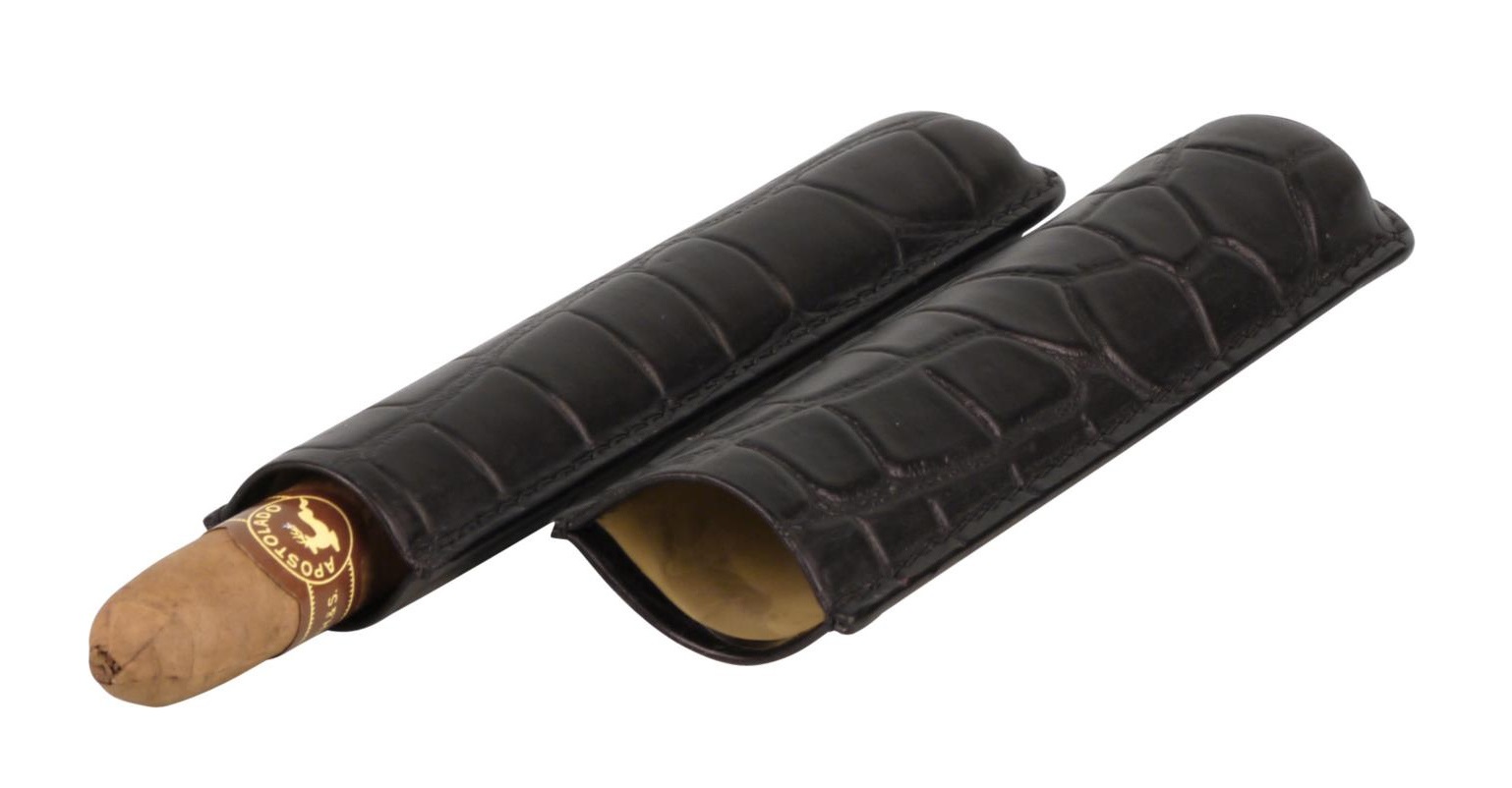 Cigarrfodral i äkta läder 1 cigarr - Svart Krokodilmönstrad