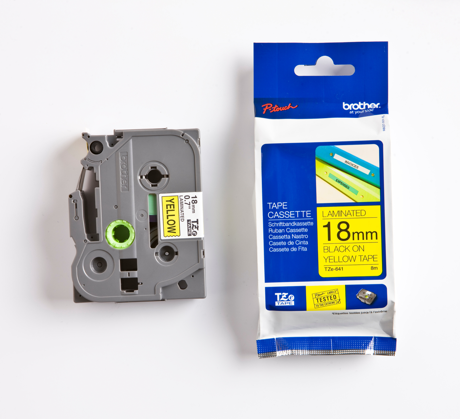 Märkband TZe641 18mm   sva/gul
