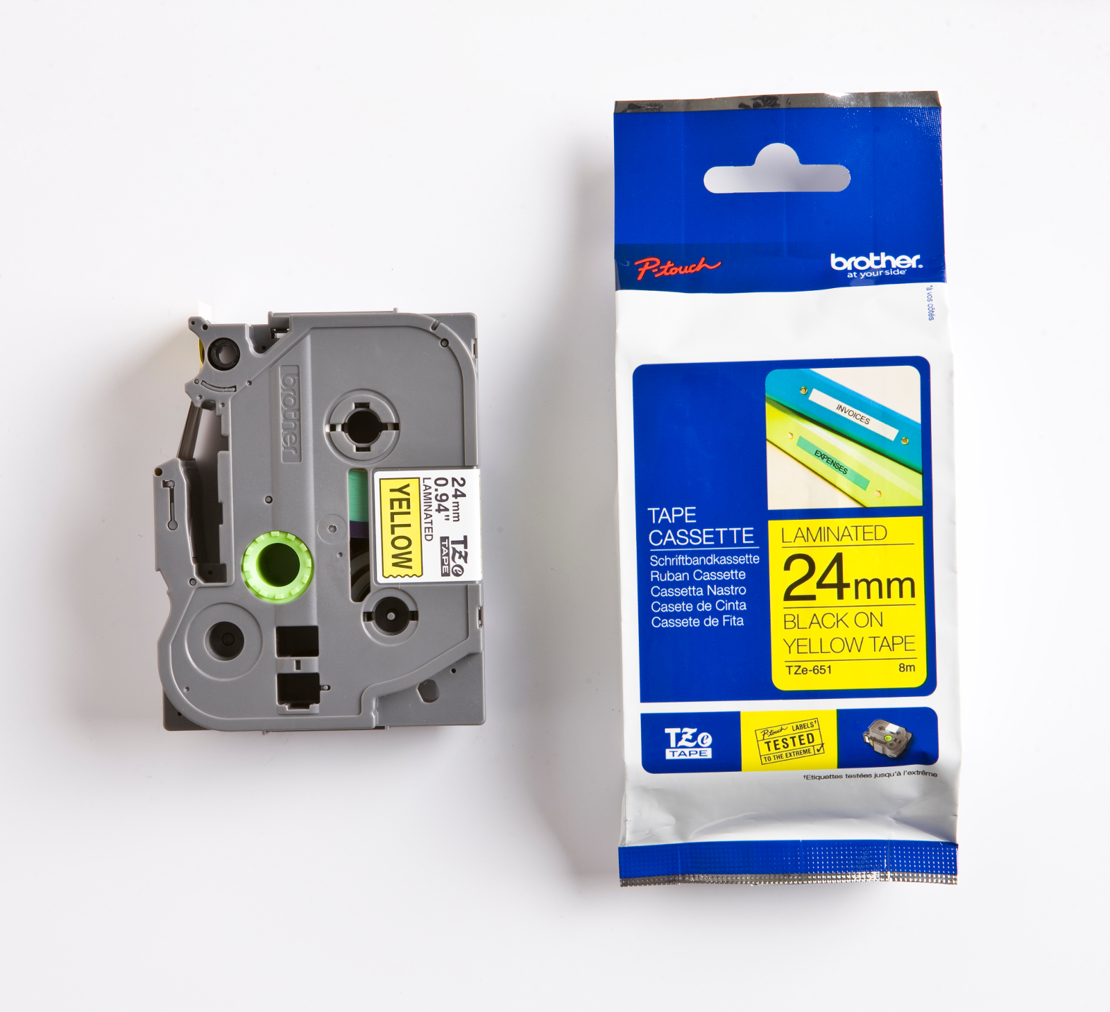 Märkband TZe651 24mm   sva/gul