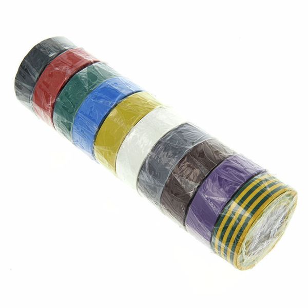 PVC Eltejp 10pack ,Vit, Röd, Gul / Grön, Grå, Brun, Grön, Blå, Gul, Svart