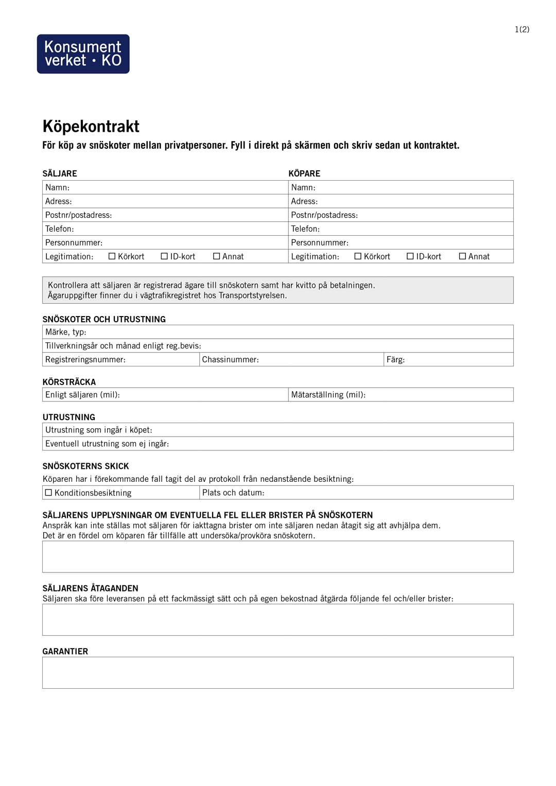 Köpekontrakt för snöskoter - Publikationer - Konsumentverket