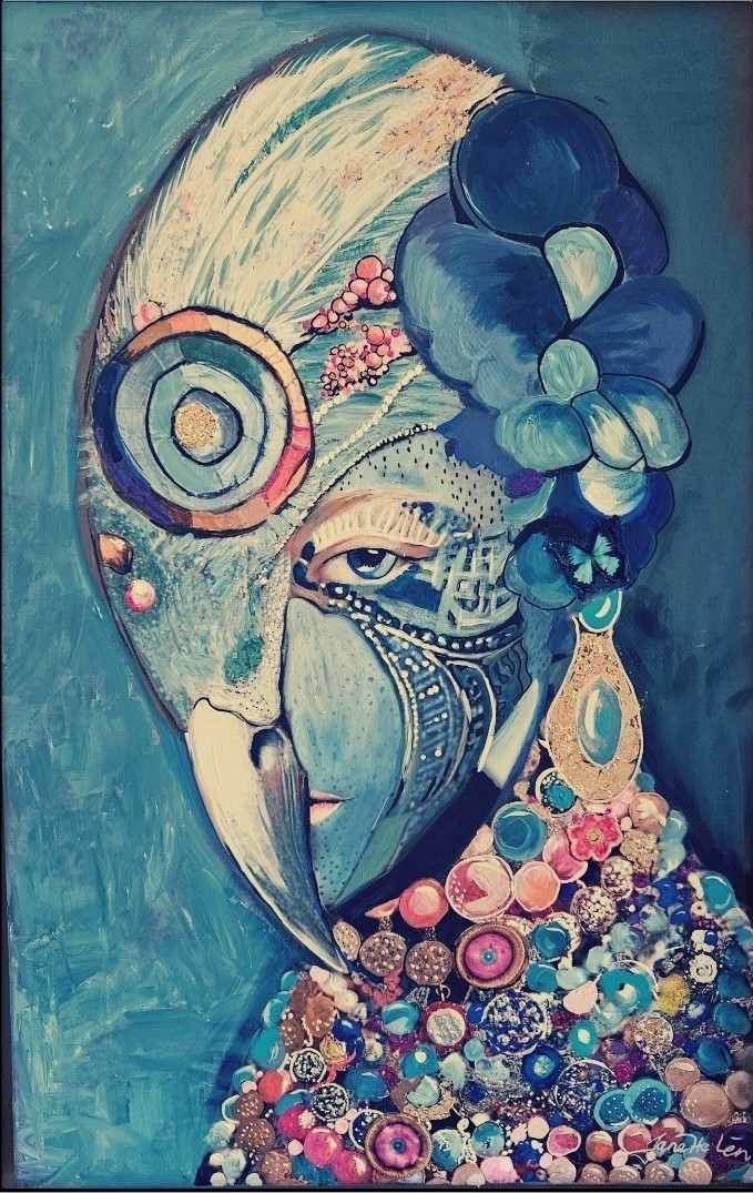 Akryl/mixed media på lerret (60x90) Ornament of change kunstner: Jane Helen Klepp