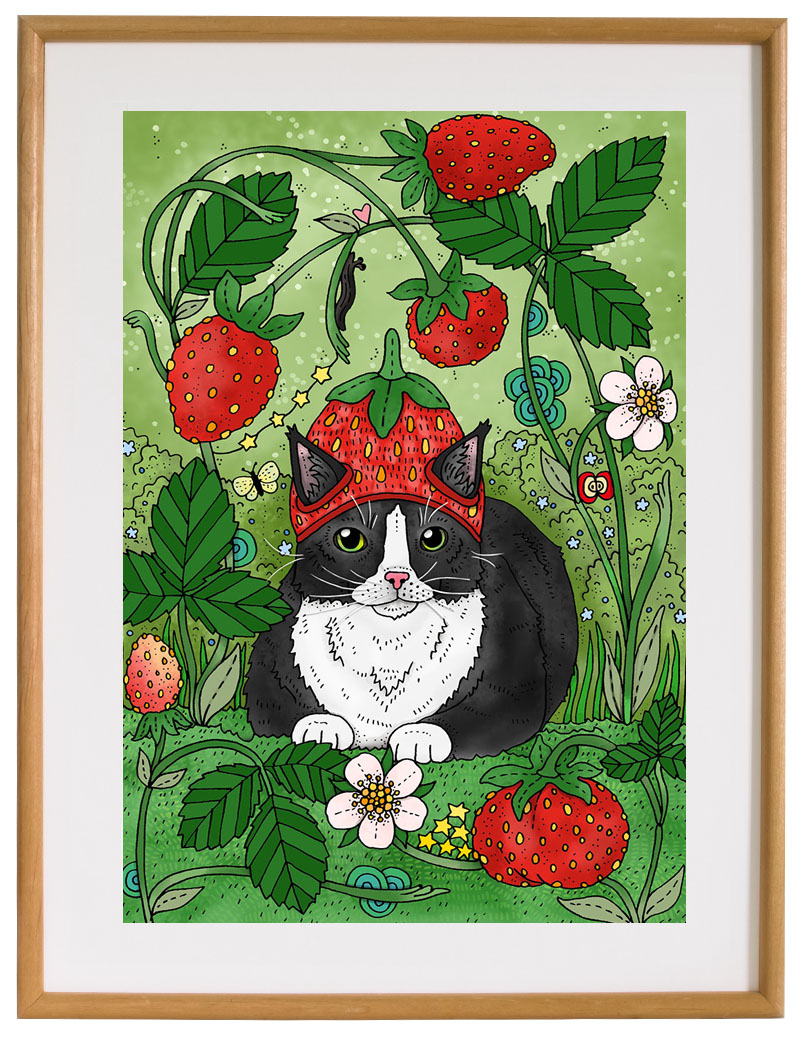 Affisch Katt i jordgubbshatt, 30x40 cm
