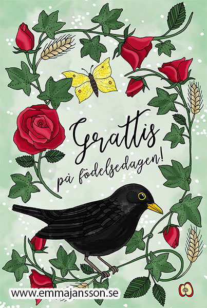 Vykort 10x15 cm Grattis koltrast