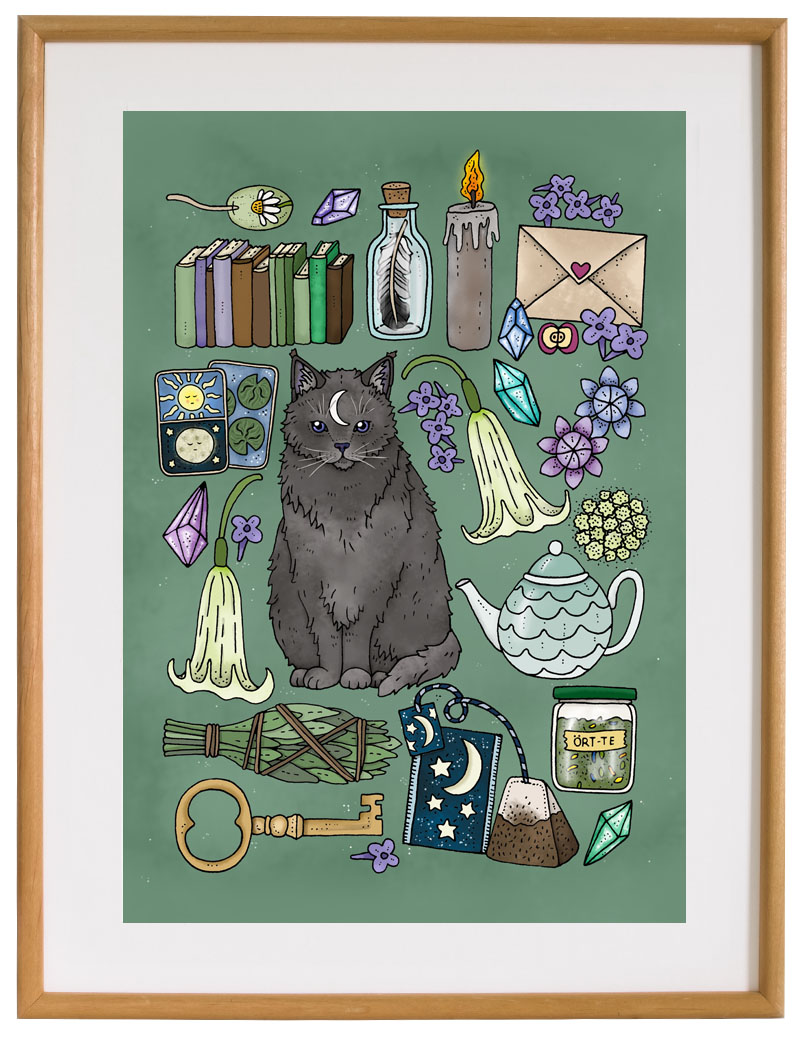 Affisch Månkatt, grön, 30x40 cm