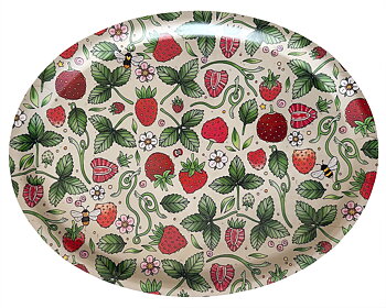 Bricka i björk 33x25 cm - Jordgubbar (oval)