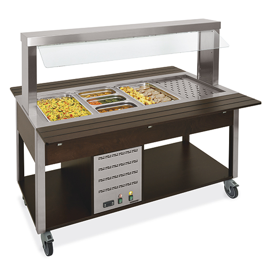 Bain-marie buffé på hjul, + 60 ° / + 90 ° C, 4x GN 1/1 h = 150 mm, 1610x680 mm