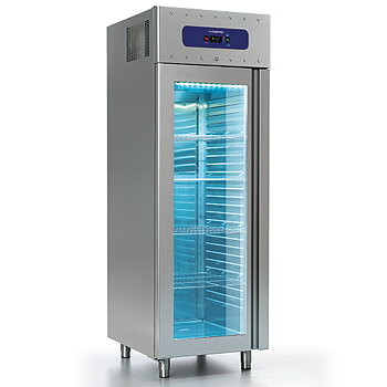 Frysskåp 700 liter gjort av rostfritt stål med glasdörr, gn 2/1, -10°/-22°c, 85 mm insulation