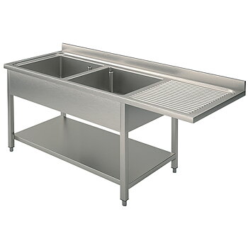 Diskbänk med 2 handfat vänster och mellanhylla för inbyggd diskmaskin, 1600x700 mm