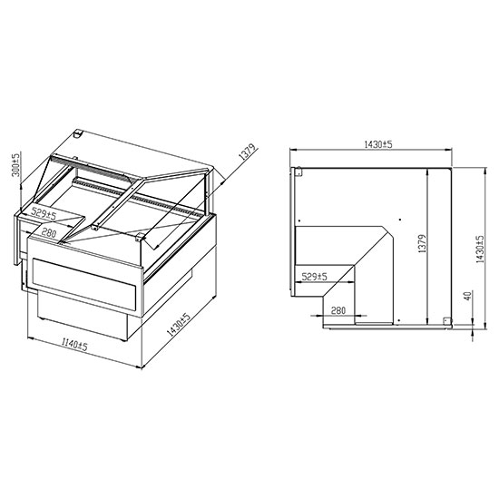 Kyldisk kött "hörn enhet open" med vertikal glas front, ventilerad, 0°/+4°c