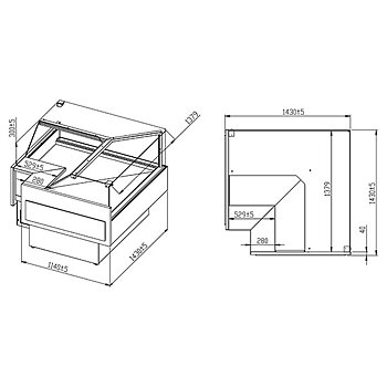 Kyldisk kött "hörn enhet open" med vertikal glas front, ventilerad, 0°/+4°c