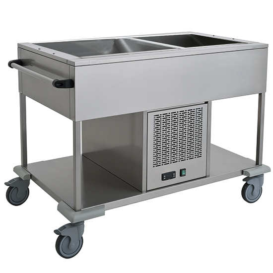 Kylvagn med mellanhylla, 1 handfat 2x GN 1/1 H = 150 mm, + 4 ° / + 10 ° CArbetstemp.: +1º - +5º C,  870x750 mm