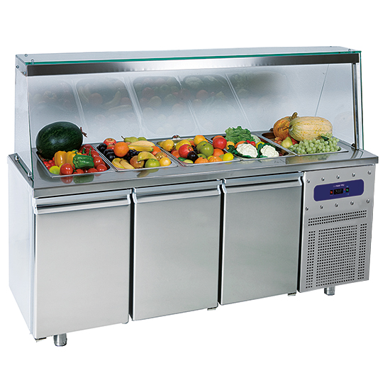 Saladette med 3 dörr gn 1/1 och glas struktur, 5x gn 1/1 h=150 mm, -2°/+8°c - 2