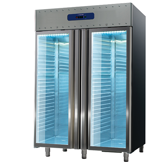 Frysskåp 1400 liter gjort av rostfritt stål med glasdörrar, gn 2/1, -10°/-25°c, 85 mm insulation - 2