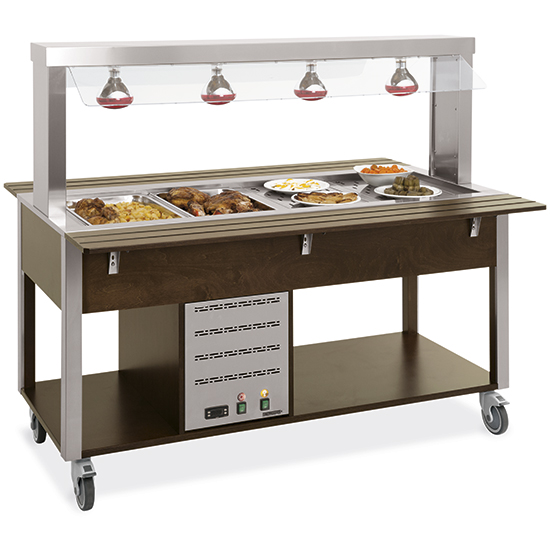 Bain-marie buffé på hjul med infraröda lampor, + 60 ° / + 90 ° C, 4x GN 1/1 h = 150 mm, 1610x680 mm