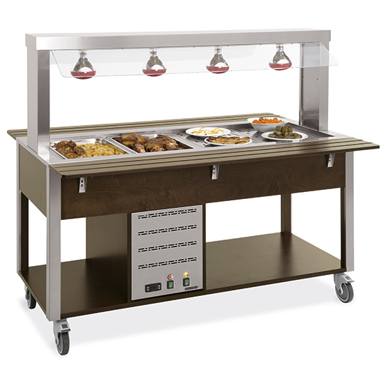 Bain-marie buffé på hjul med infraröda lampor, + 60 ° / + 90 ° C, 5x GN 1/1 h = 150 mm, 1930x680 mm - 2