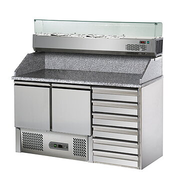 Pizzabord med 2 dörrar GN 1/1, 6 lådor EN, kylskåpslåda 5x GN 1/4 H = 150 mm