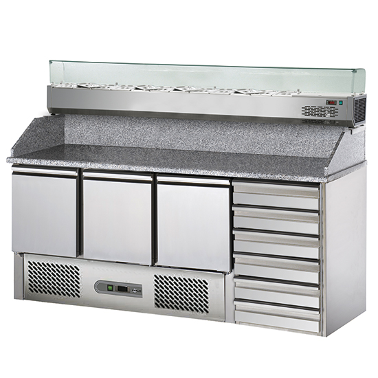 Pizzabord med 3 dörrar GN 1/1, 6 lådor EN, kylskåpslåda 8x GN 1/4 H = 150 mm