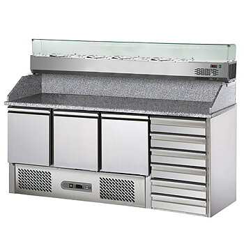 Pizzabord med 3 dörrar GN 1/1, 6 lådor EN, kylskåpslåda 8x GN 1/4 H = 150 mm