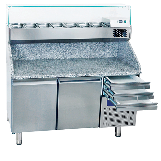 Pizzabänk med 2 dörrar 600x400 mm, 3 lådor EN, kylskåpslåda 6x GN 1/3 H = 150 mm - 2