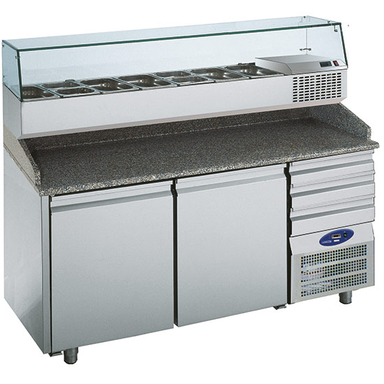 Pizzabänk med 2 dörrar 600x400 mm, 3 lådor EN, kylskåpslåda 6x GN 1/3 H = 150 mm