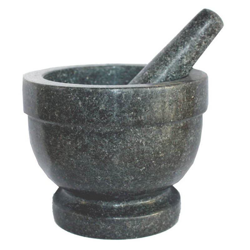 Stor Mortel i granit med stöt. Ø 18cm H 15cm Volym 0,7 Liter.