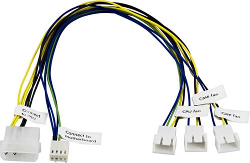 Akasa fläktadapterkabel för att kunna ansluta 1xCPU- & 2xChassie-fläktar till moderkortets 4-pin kontakt, 10 cm