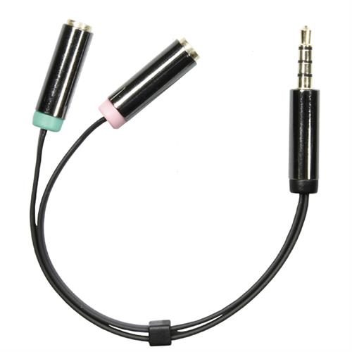 DELTACO ljudadapter, 3,5mm stereo hane till 3,5mm stereo och mikrofon hona  0,1 m, svart