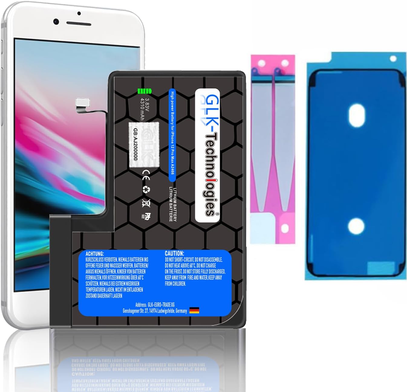 (B0BYNSLNBK) High Power ersättningsbatteri kompatibelt med iPhone 12 Pro Max A2342, A2410, A2412, A2411 ersättning GLK-teknik batteri 4310 mAh batteri inkl. 2 x tejpsatser