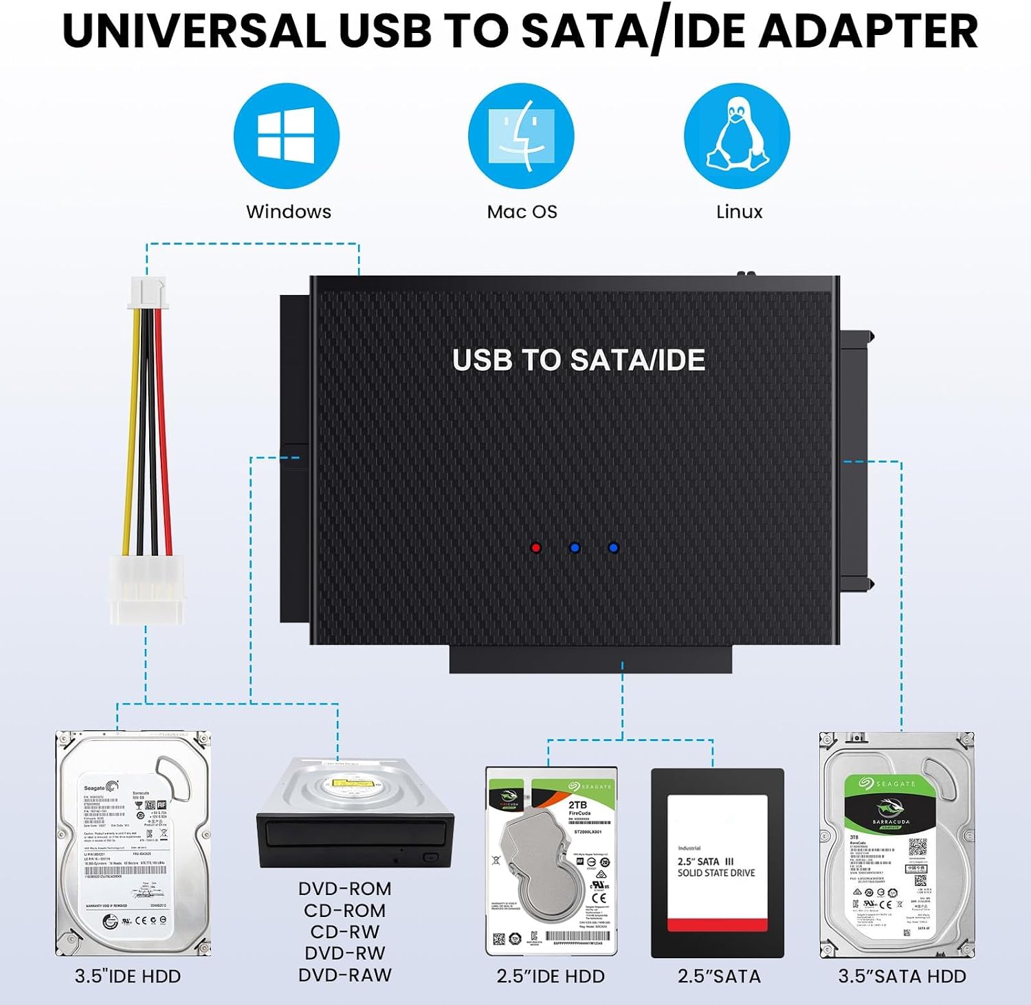 (X002A2ILBJ) IDE USB-adapter, USB 3.0-hårddiskar adapter med 12 V 2 A strömförsörjning för 2,5 och 3,5-tums HDD/SSD, IDE SATA-adapter kompatibel med Windows 10/8/7/XP/Vista, Mac OS, Linux Usw